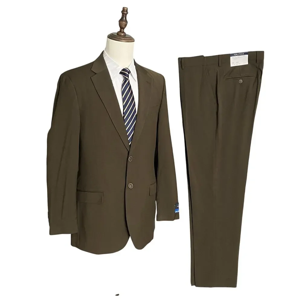 Nautica Suit Men's 40L 36W 2-Piece Suit Modern Fit Gaff Active Stretch Olive NWT